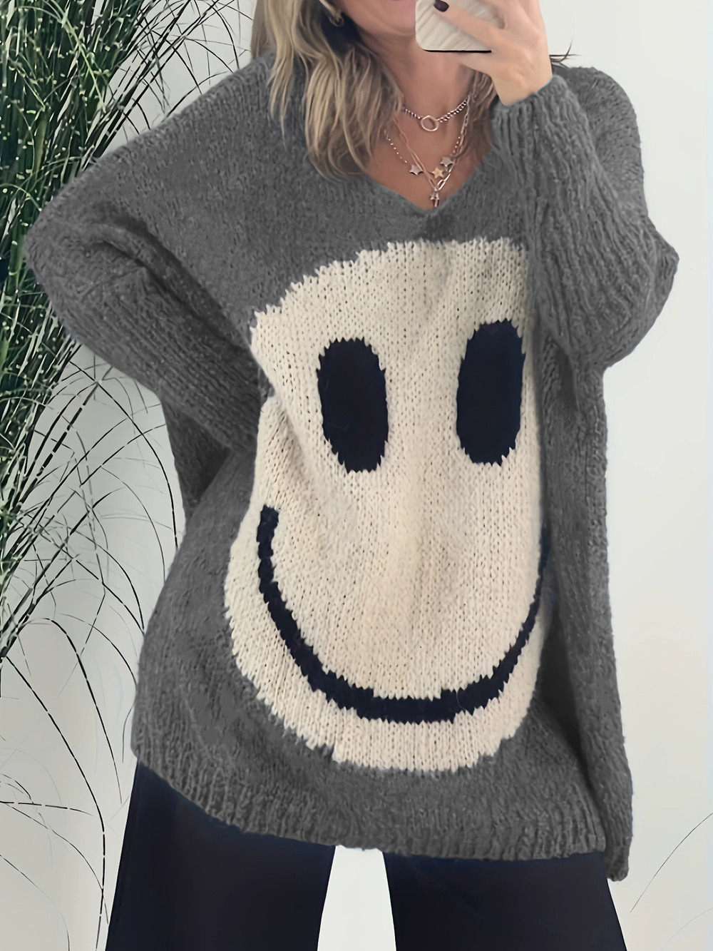 ZARA Womens Smiley Face Contrast Jacquard Relaxed Oversized Autumn Sweater
